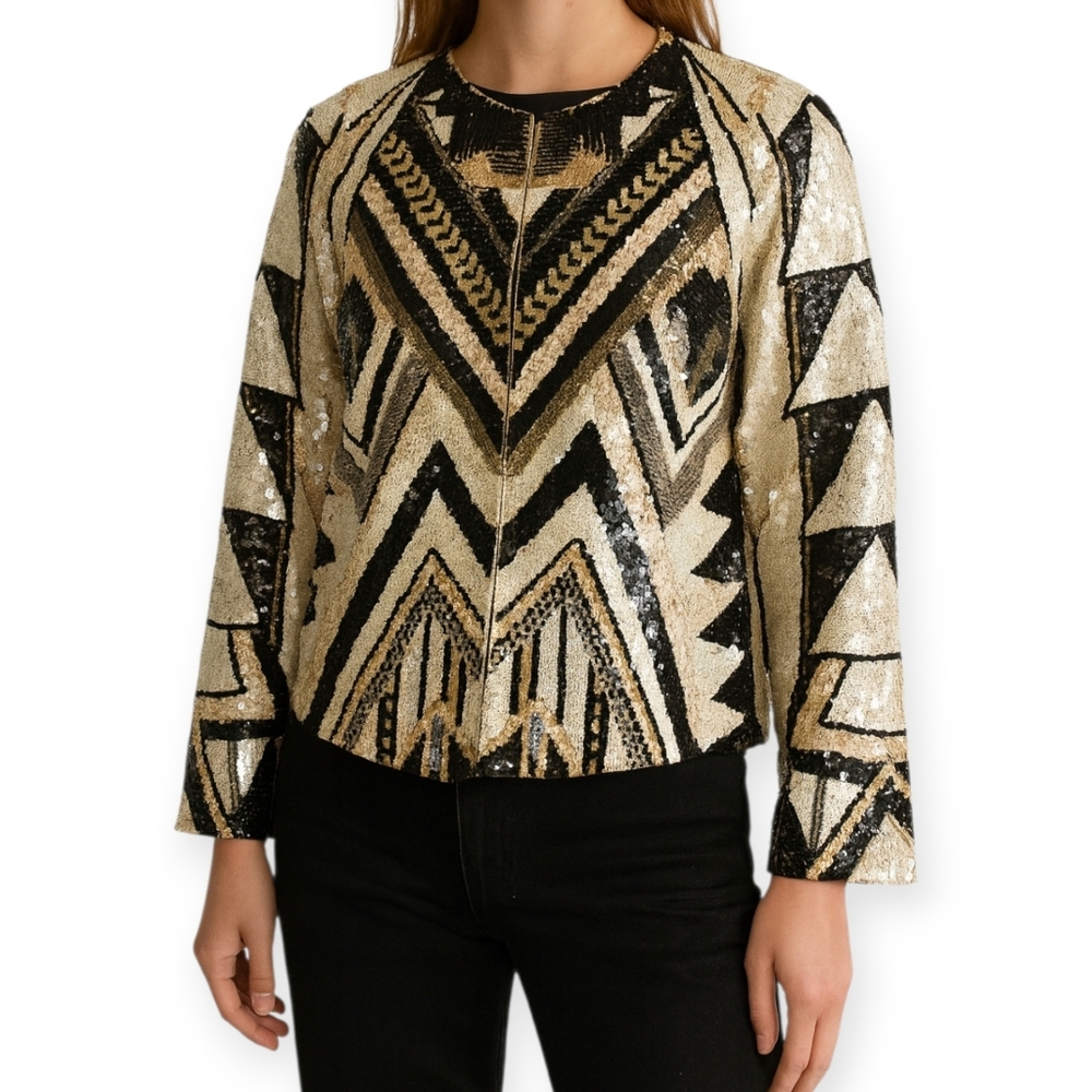 Alice + Olivia Lainey Embellished Silk Beaded Gold Jacket‎ Size Large